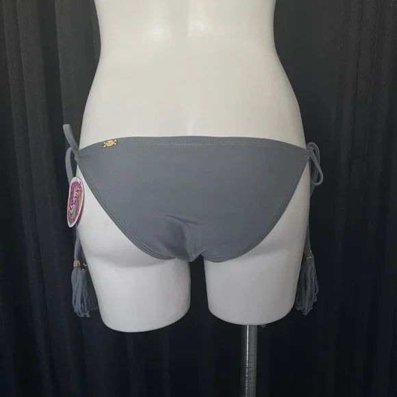 Kandy Wrapper Bikini Bottoms Grey Ties Side Tassel String Bathing Suit New Med - Picture 6 of 12